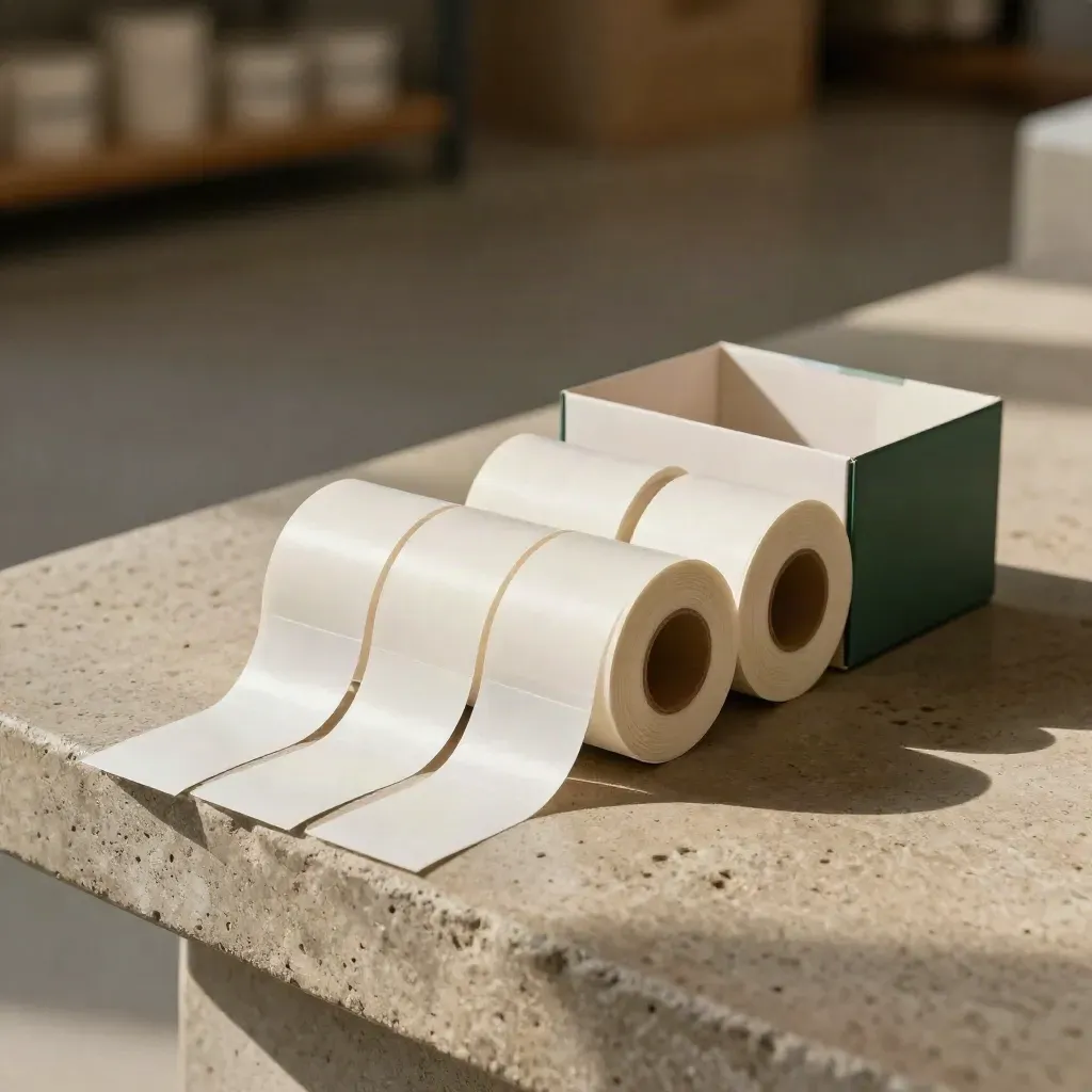 Launch-run cannabis packaging sleeves, label rolls, seals, and carton on a stone bench