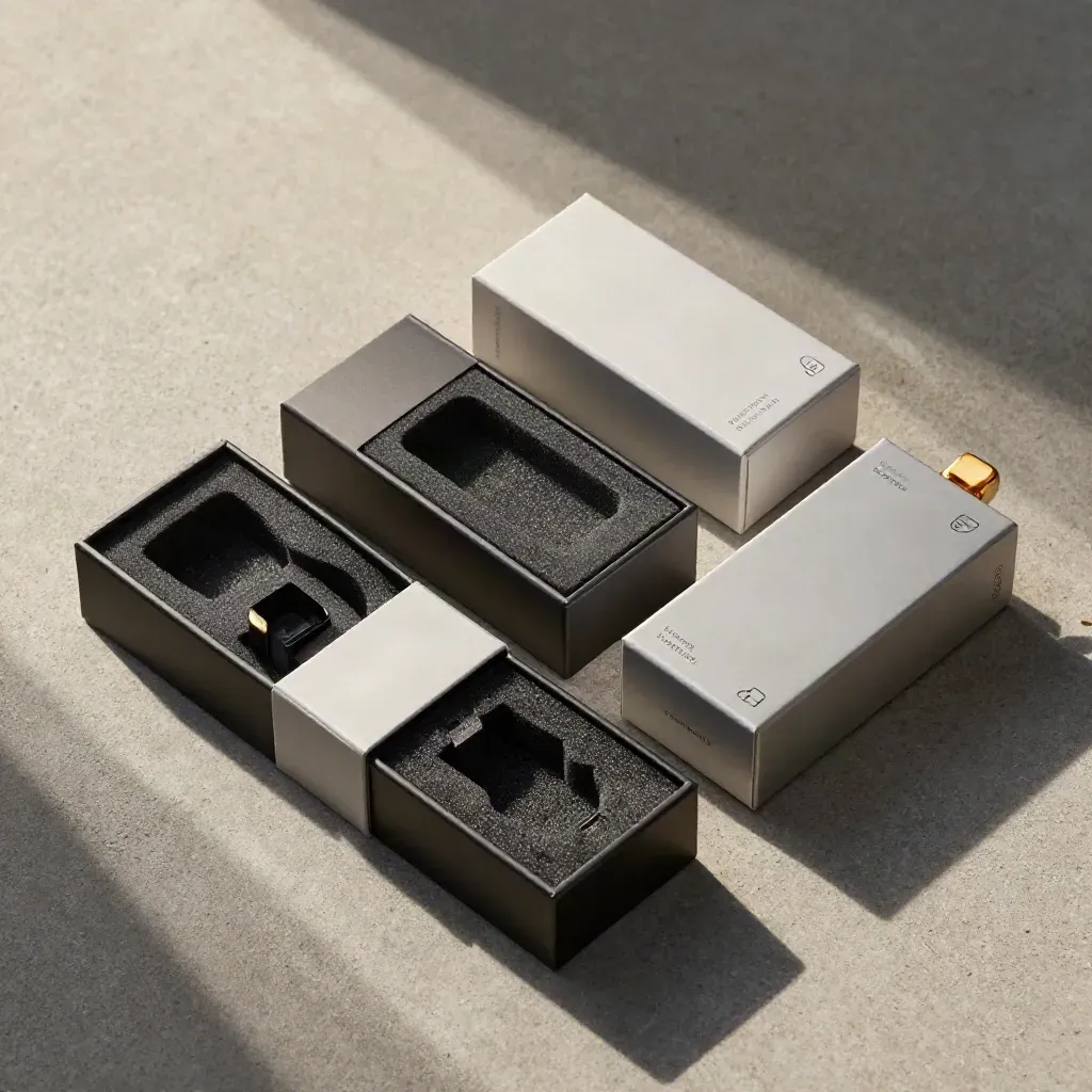 Overhead flat lay of three blank vape cartridge boxes with an amber vial on concrete