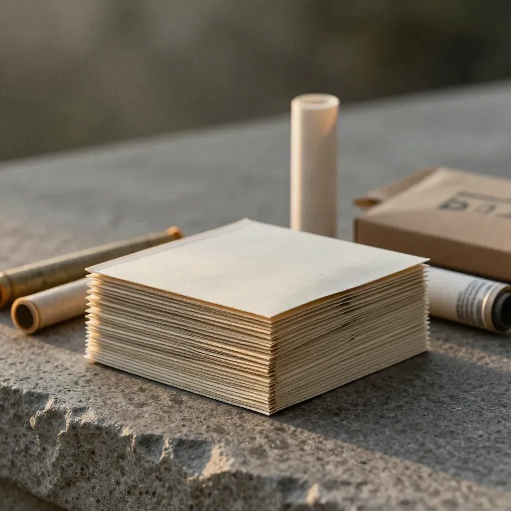 Hero stack of pre-roll sleeves with joints, tube pair, seal roll, and shipper on pale stone.