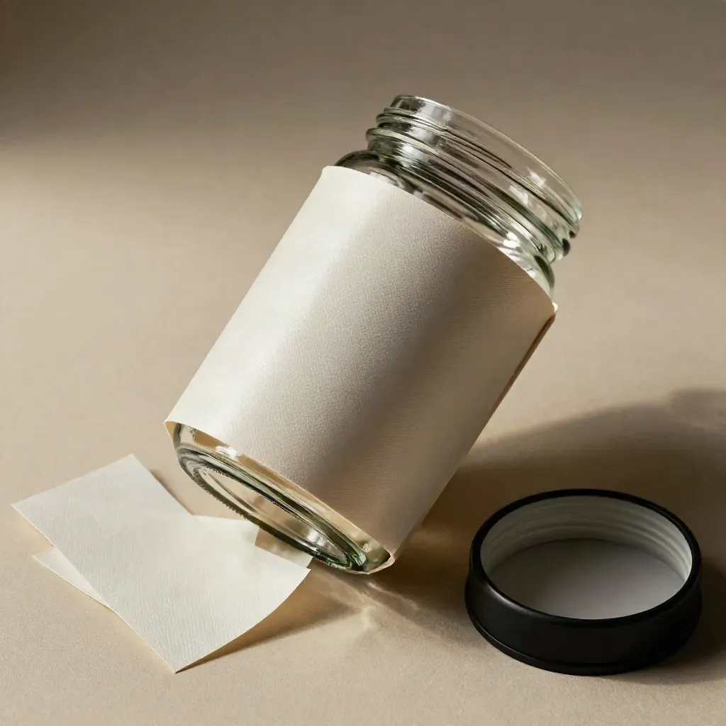 Top-down macro of a jar wrap sleeve mid-fit with spare blanks and a blank lid ring on pale plaster.
