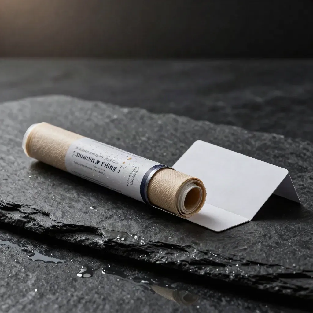 King-size pre-roll sleeve with two tubes and insert card on damp slate under dramatic studio light.
