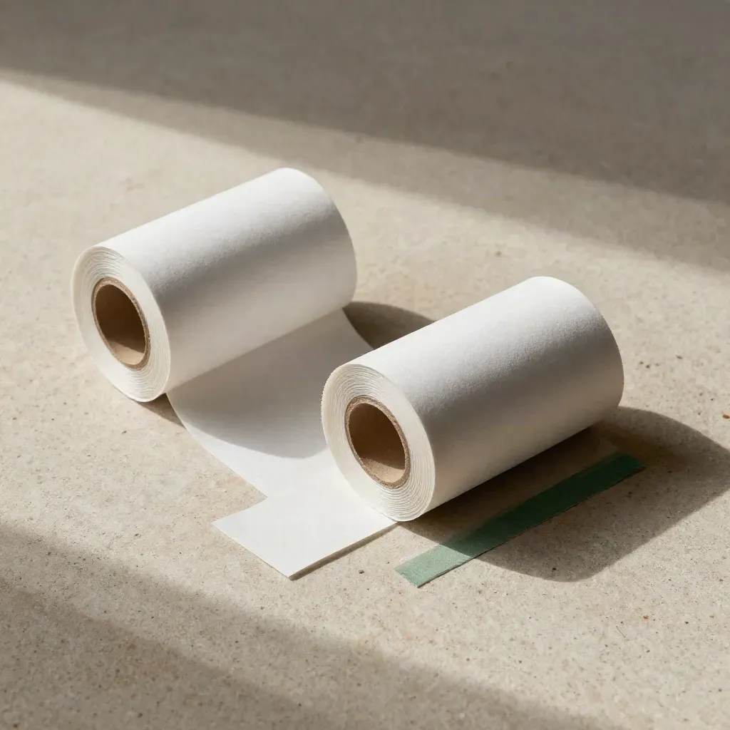 Overhead flat lay of label rolls unwinding on pale stone with a forest-green accent