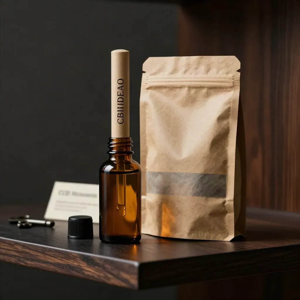Amber bottle, tall CBD sleeve and kraft pouch on a walnut surface in dramatic studio light.