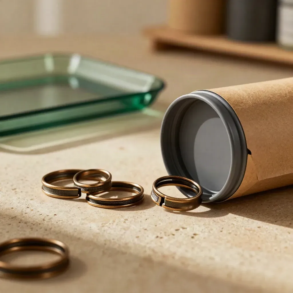 Child-resistant insert rings beside a jar lid and kraft sleeve on stone with soft green accents.
