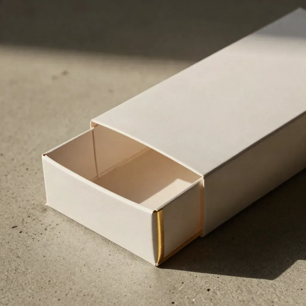 Opened blank dispensary box with insert tray and sleeve on warm concrete, lit from upper left.