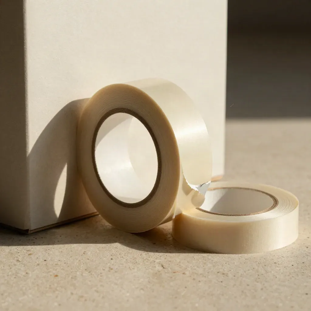 Seal bands peeling around a blank box corner with two spare rolls on travertine.