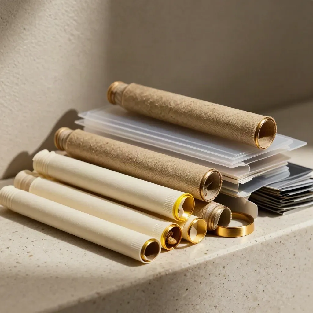 Stacked cannabis packaging sleeves, wraps, inserts and seals on travertine with gold highlights.