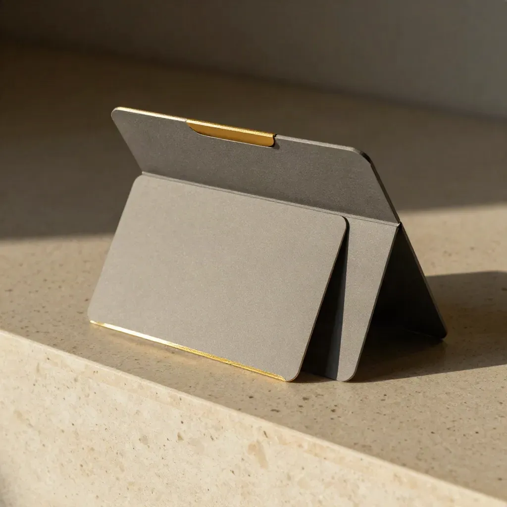 Partly open magnetic box sleeve with two blank insert cards on travertine