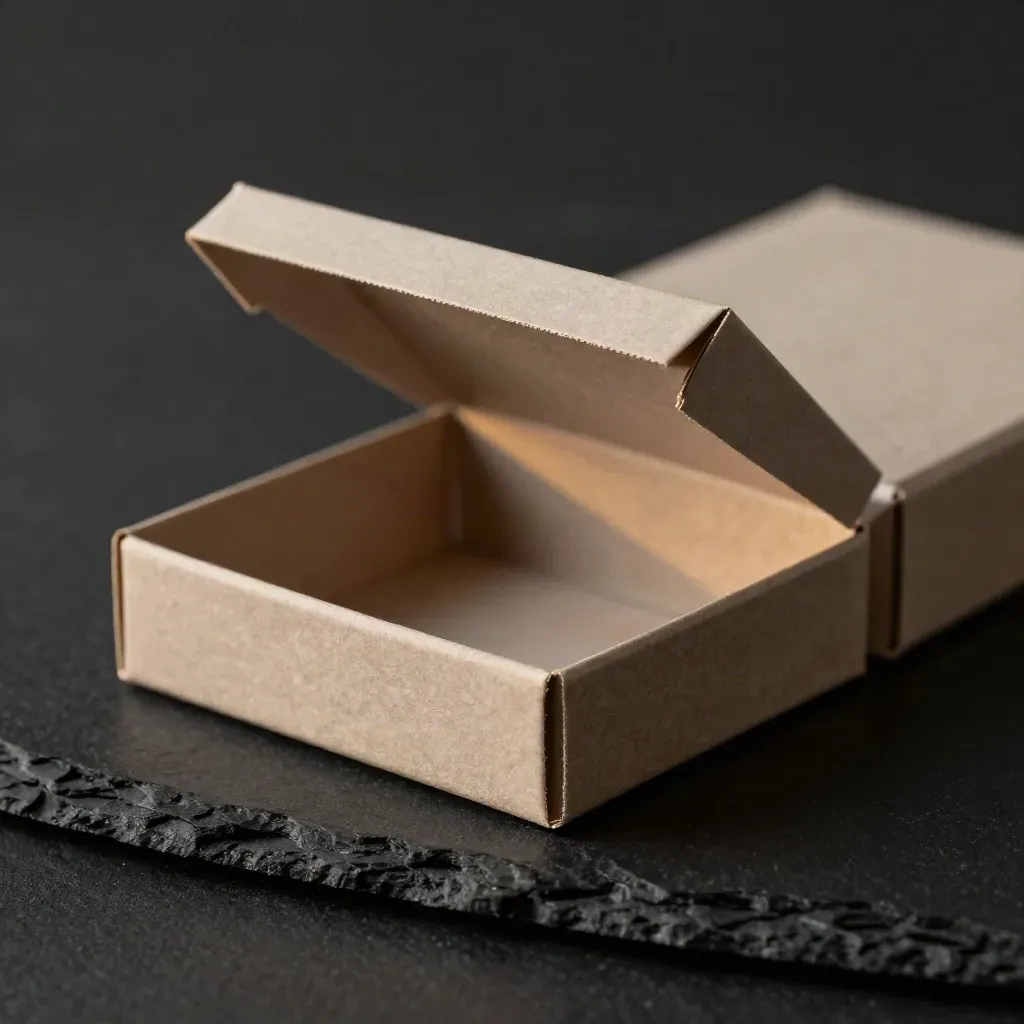 Half-open half gram cart box on black slate with beige insert, dramatic close-up