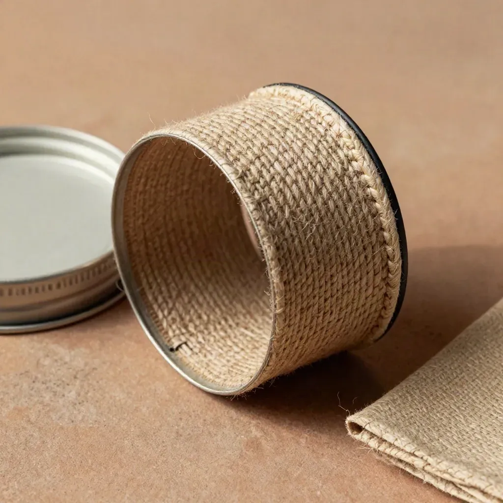 Macro of a hemp jar neck band, blank lid, and folded sleeve corner on terracotta clay.