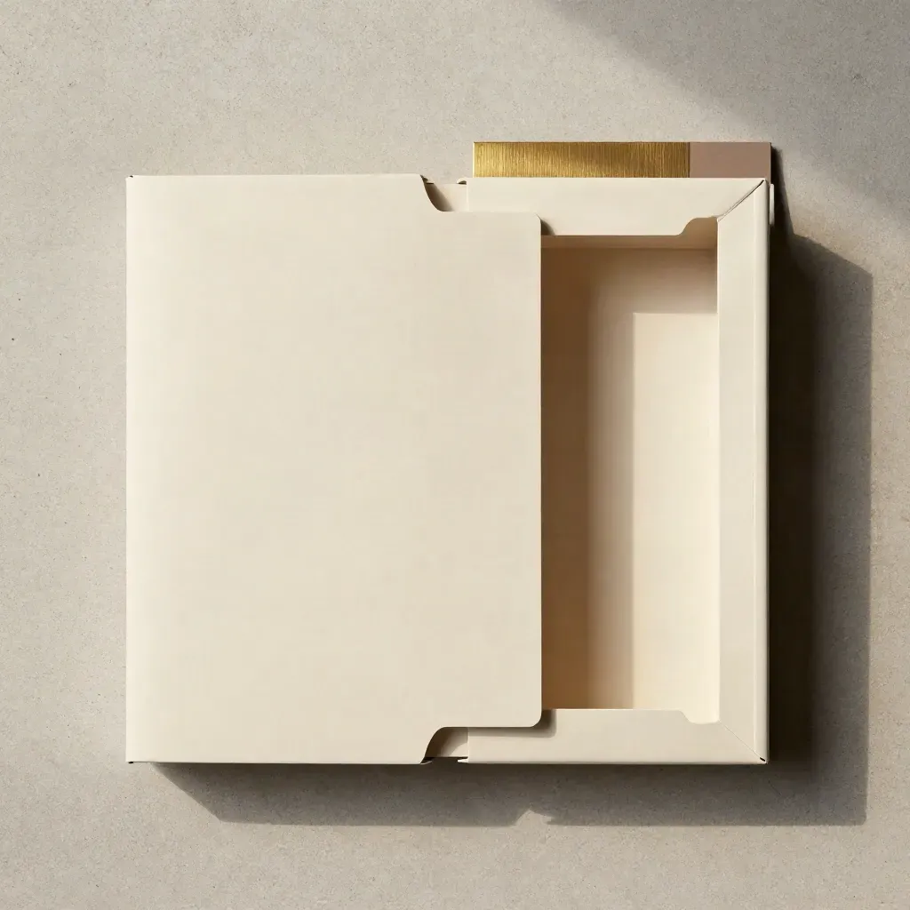 Overhead flatlay of an edible box insert, folded sleeve and divider on pale concrete.