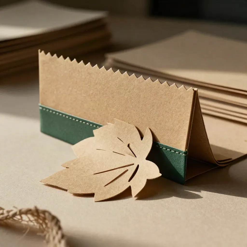Macro of a trimmed flower bag header strip, folded pouch, and leaf-shaped offcut on a workbench.