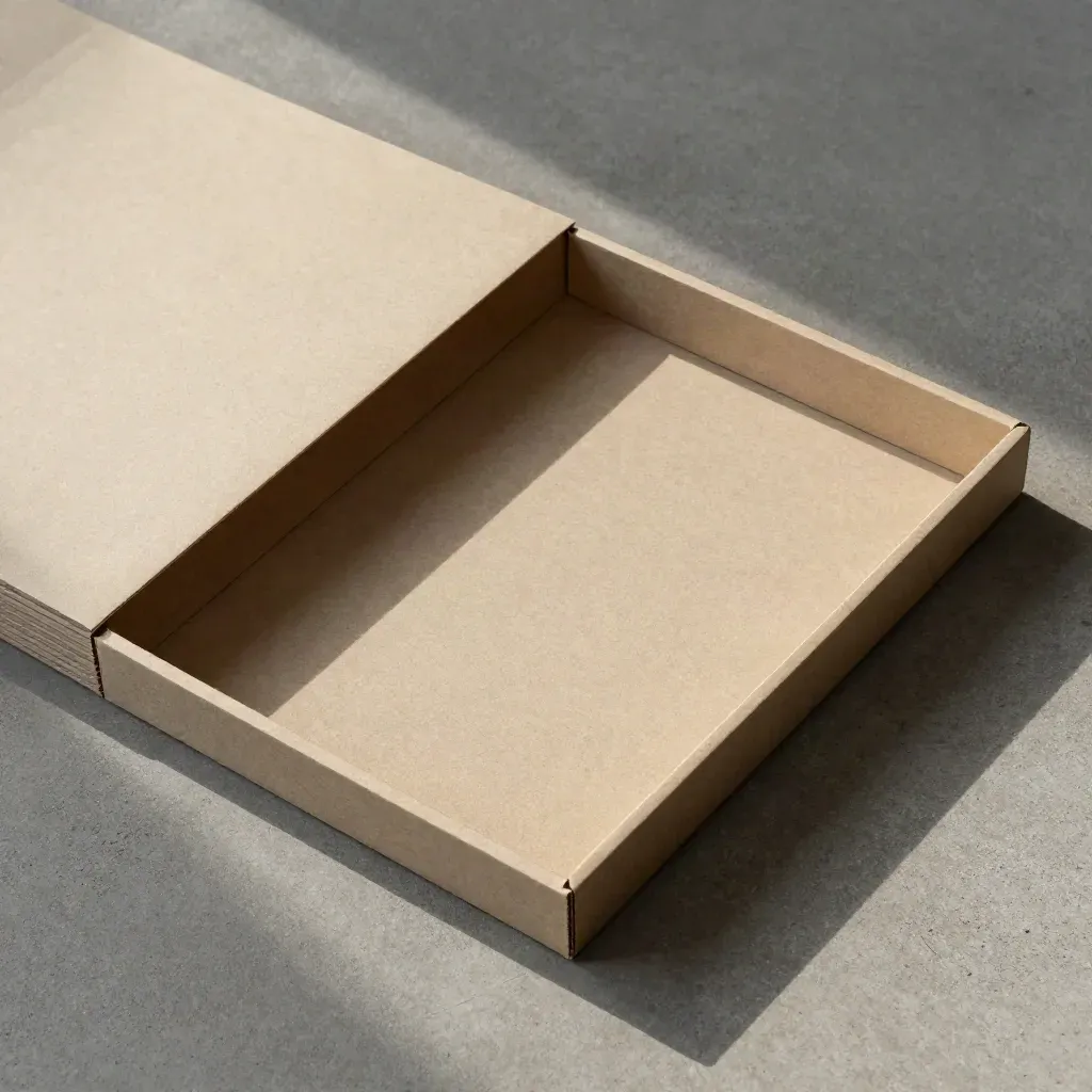Overhead flatlay of an open hemp-beige display tray sleeve on concrete with a thin insert spine.