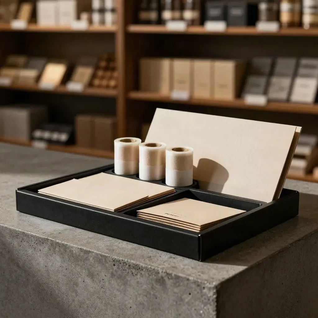 Open starter sample kit tray with blank sleeves, box shells, seal rolls and insert cards on dark stone.