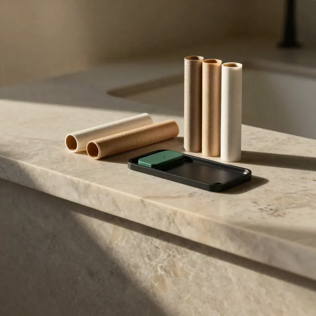 Sunlit marble ledge with blank pre-roll sleeves and soft packaging materials in airy neutral light.