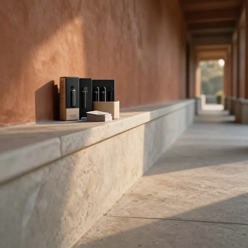Sunlit concrete corridor with boxed vape packaging vignette high in frame