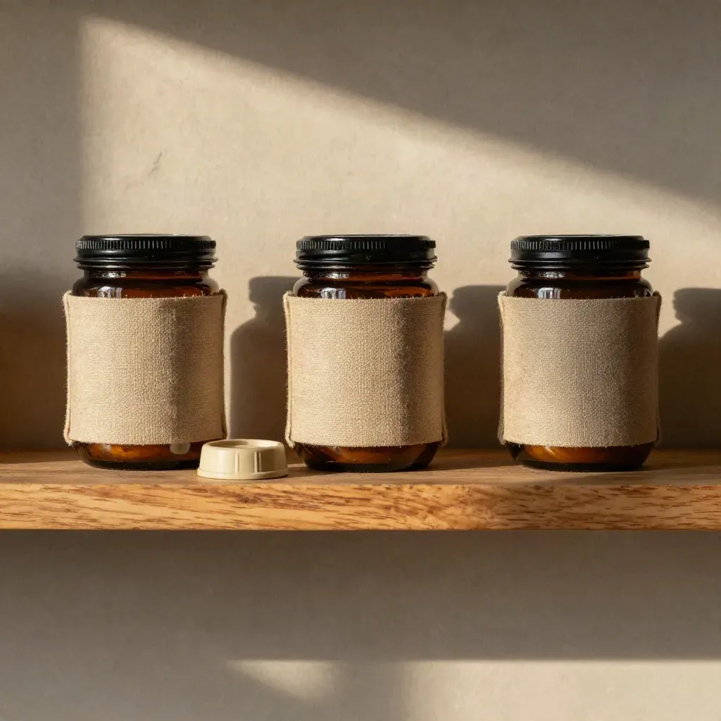 Jar wrap sleeves on warm oak shelves in soft afternoon light