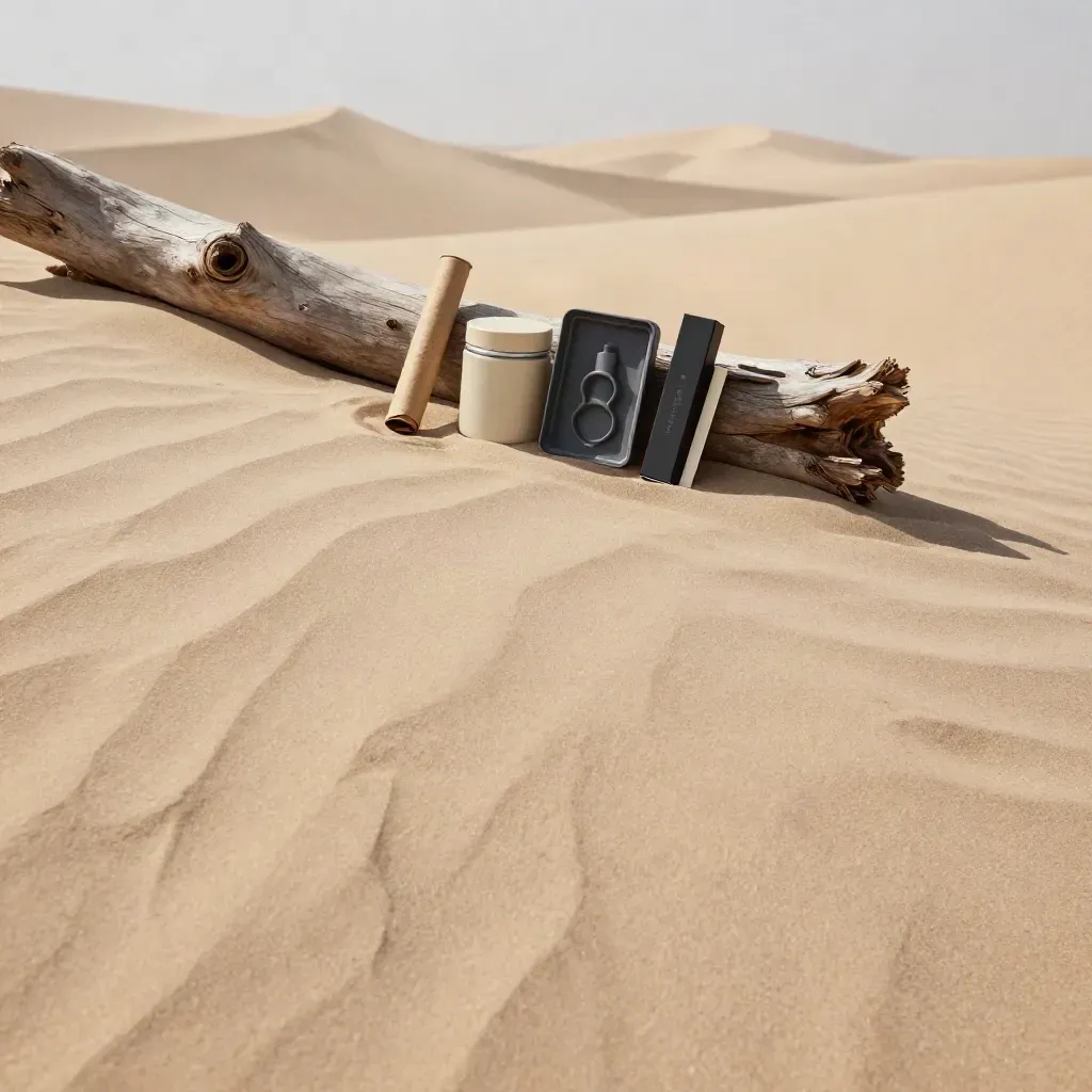 Wind-swept dune ridge with neutral packaging sleeves and inserts beside driftwood, calm sand below.
